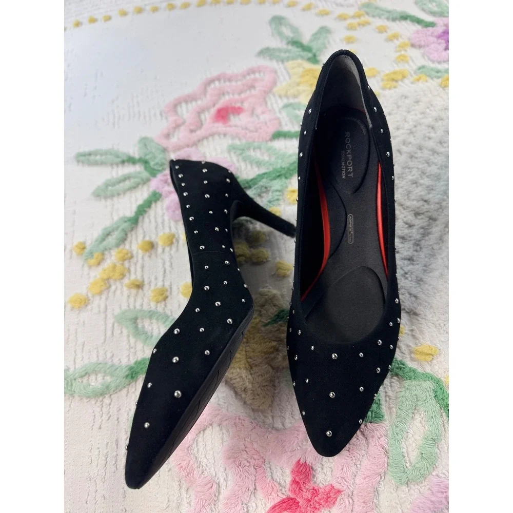 Rockport Total Motion 75mm Pointy Toe Pump Black Suede Studs 10.5‎ M V80295